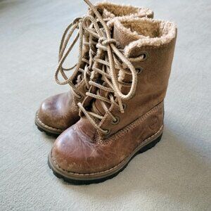 Timberland Brown Leather Tall Hiking Baby Toddler Boots 4-4.5 Lace Up D